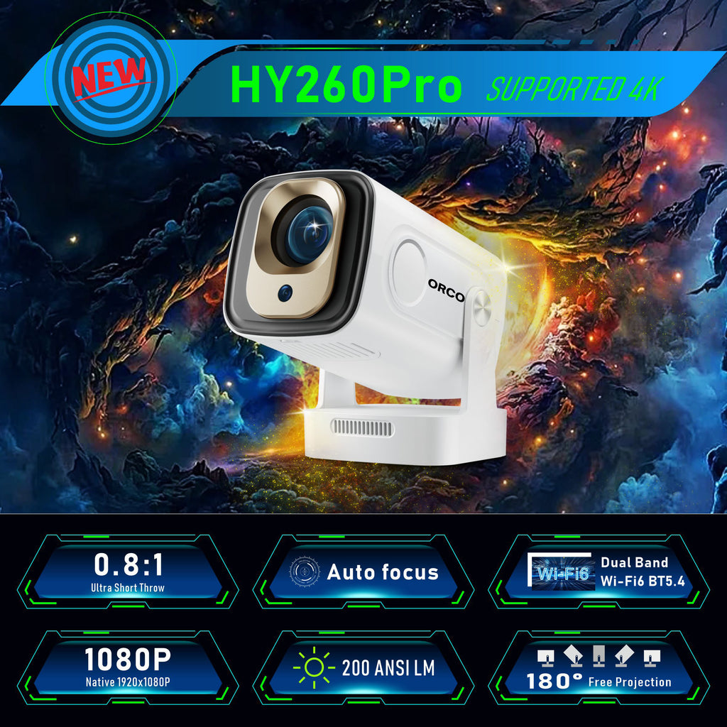 ORCO HY260 Pro Smart Mini Projector – 1080P Native, 4K Support, Auto Focus, WiFi 6 & Bluetooth, 180° Rotatable Portable Home Cinema