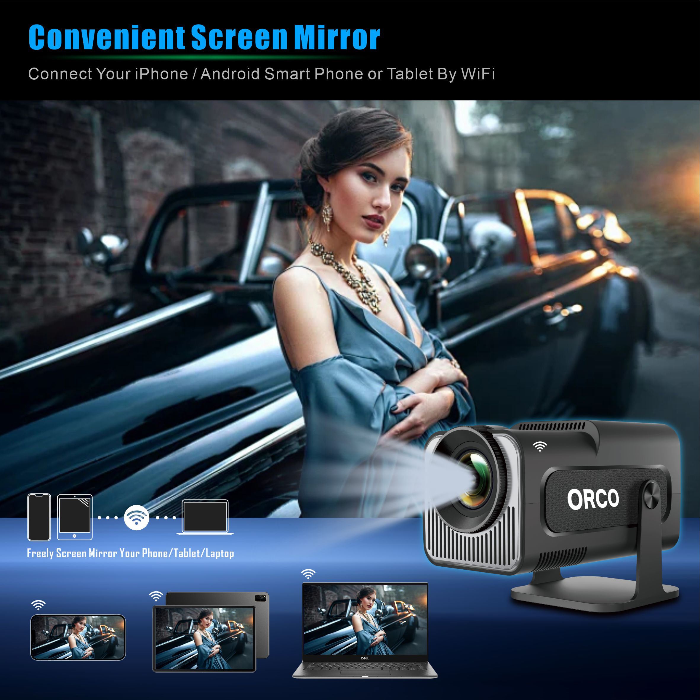 Orco Mini Projector Portable with Android 11, Smart Projector 1080P Full HD 4K Support, Outdoor Projector Wifi6 BT5.0,180°Rotatable