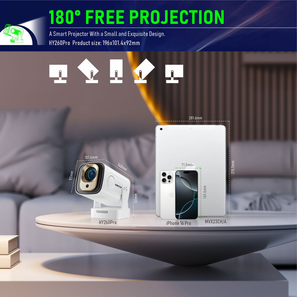 ORCO HY260 Pro Smart Mini Projector – 1080P Native, 4K Support, Auto Focus, WiFi 6 & Bluetooth, 180° Rotatable Portable Home Cinema