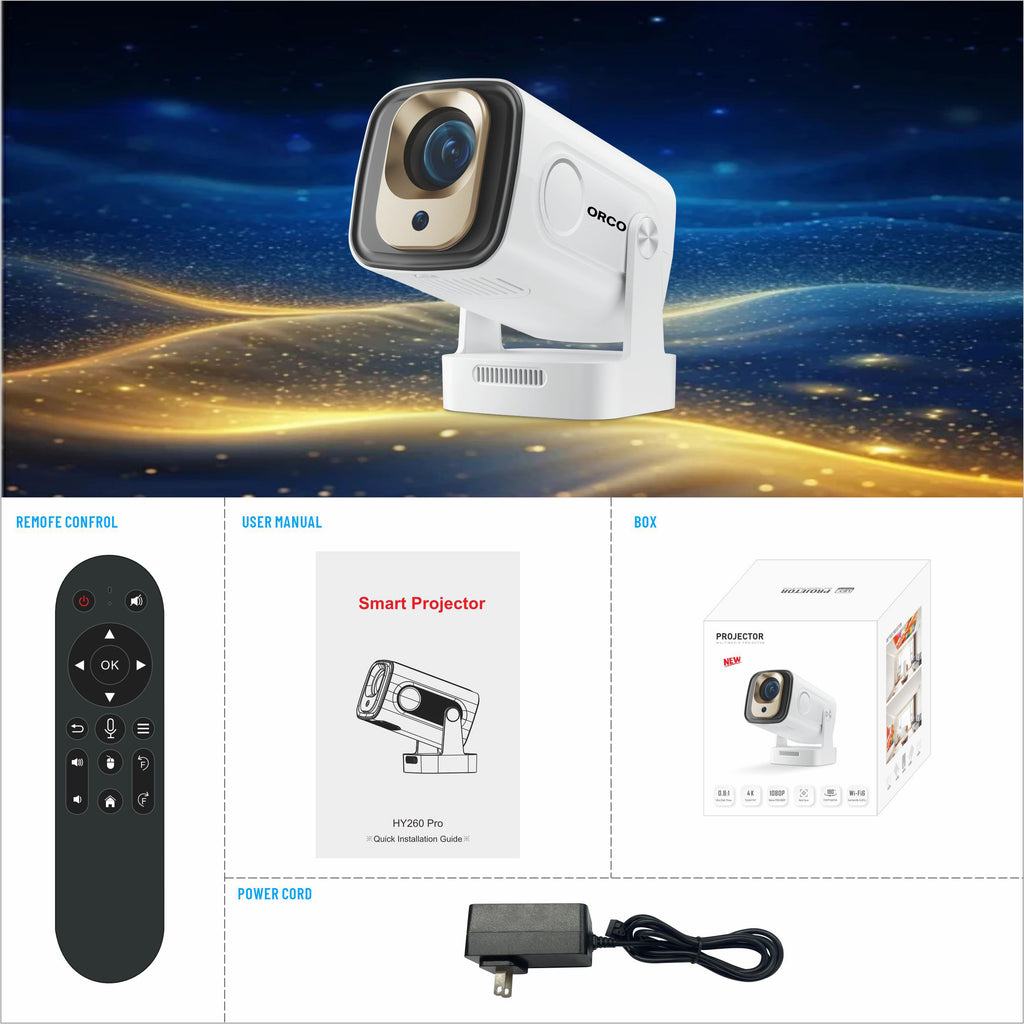 ORCO HY260 Pro Smart Mini Projector – 1080P Native, 4K Support, Auto Focus, WiFi 6 & Bluetooth, 180° Rotatable Portable Home Cinema