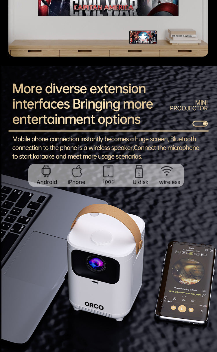 Orco Smart Mini Projector 8000 Lumens Android 11 Wi-Fi 6 Bluetooth Portable Projector with Auto Keystone (4K Supported)