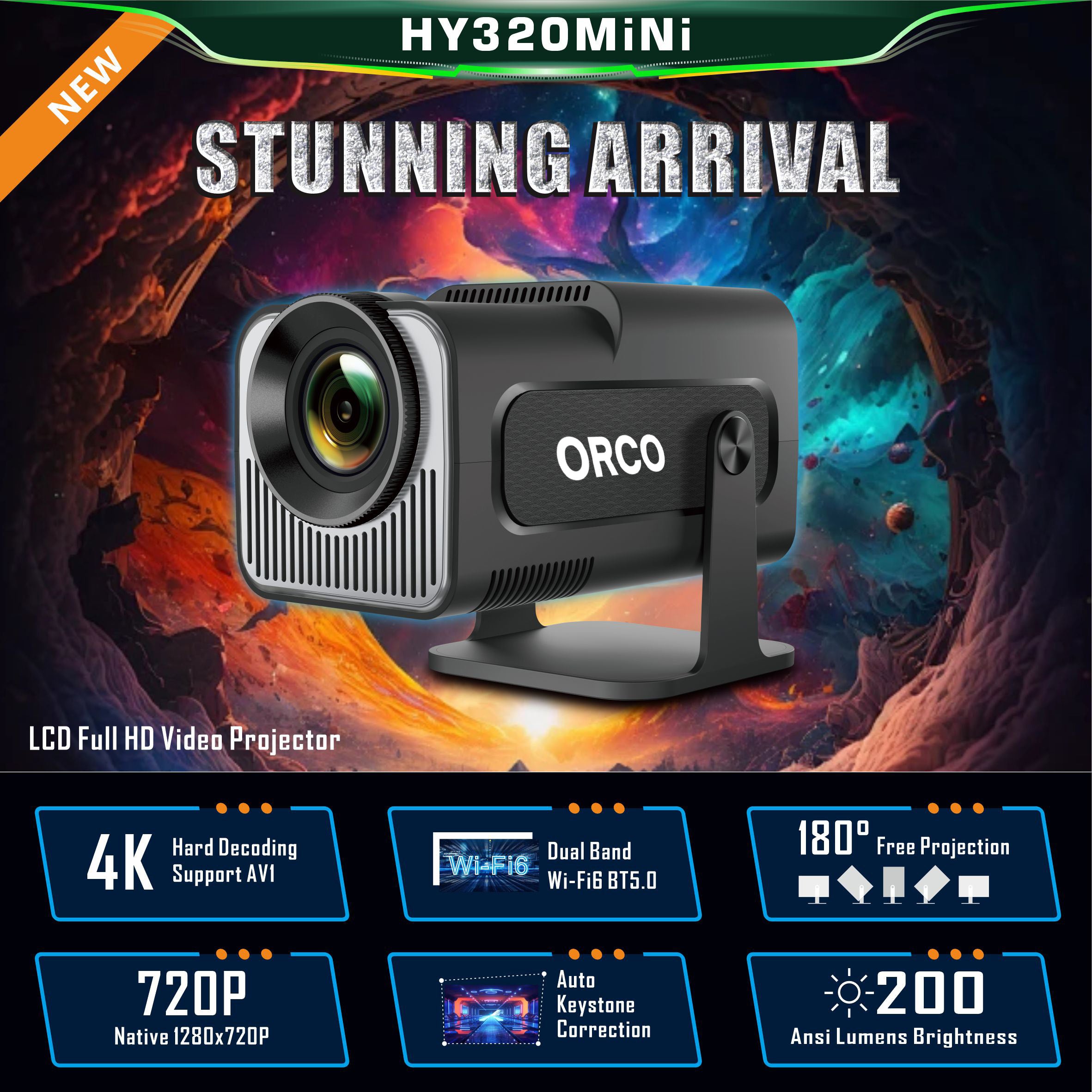 Orco Mini Projector Portable with Android 11, Smart Projector 1080P Full HD 4K Support, Outdoor Projector Wifi6 BT5.0,180°Rotatable