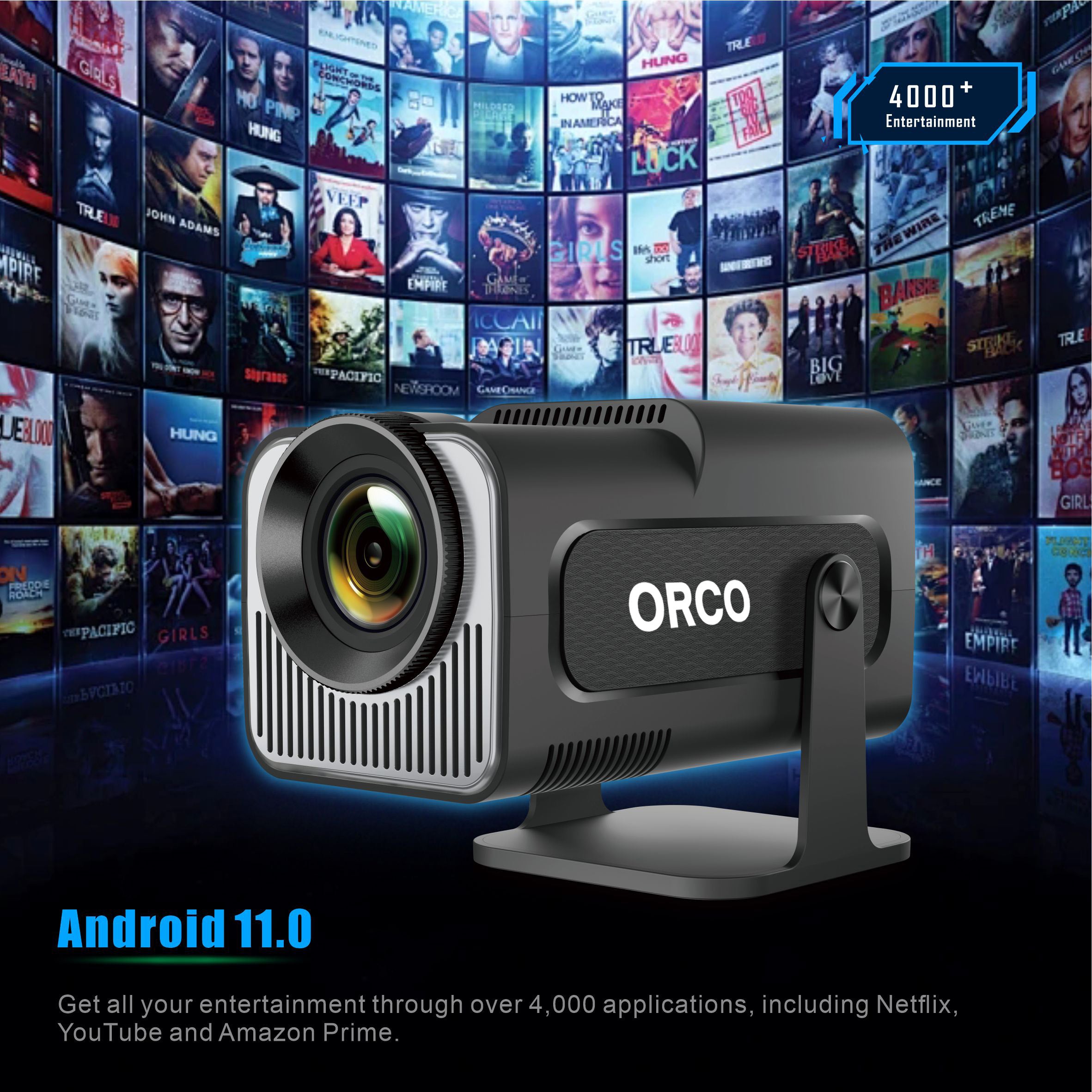 Orco Mini Projector Portable with Android 11, Smart Projector 1080P Full HD 4K Support, Outdoor Projector Wifi6 BT5.0,180°Rotatable