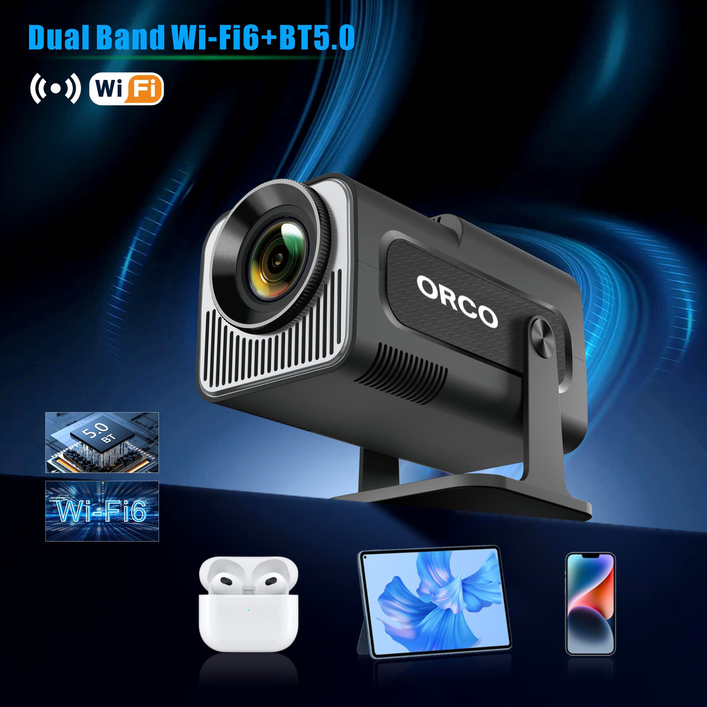 Orco Mini Projector Portable with Android 11, Smart Projector 1080P Full HD 4K Support, Outdoor Projector Wifi6 BT5.0,180°Rotatable