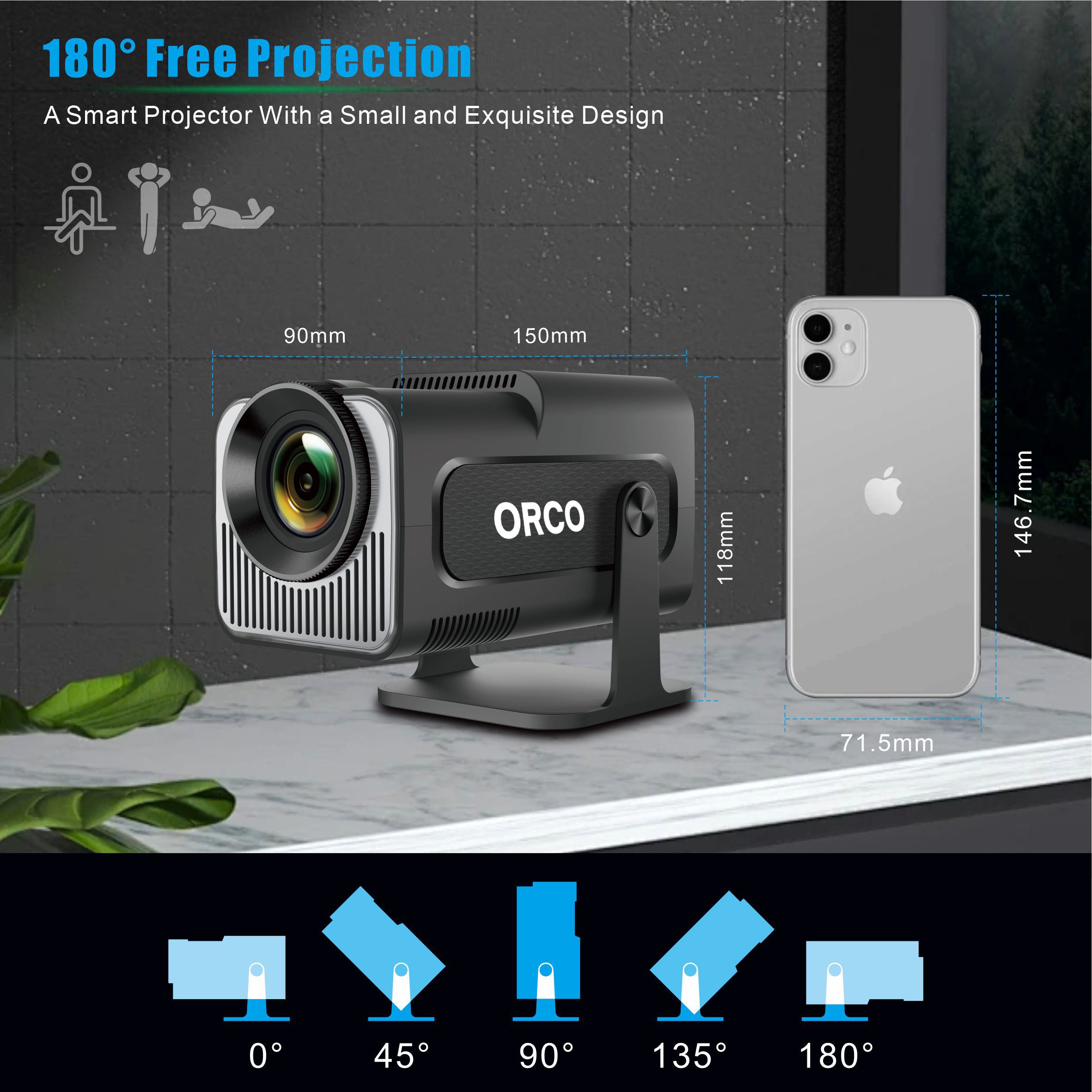 Orco Mini Projector Portable with Android 11, Smart Projector 1080P Full HD 4K Support, Outdoor Projector Wifi6 BT5.0,180°Rotatable